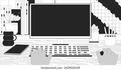 Black man working on computer 2D linear illustration concept. Blank screen monitor at workplace cartoon scene background. Office workspace with pc metaphor abstract flat vector outline graphic