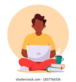 Black man working on laptop. Freelance, remote working, online studying, work from home. Vector illustration.