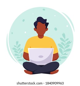 Black man working on laptop. Freelance, remote working, online studying, work from home concept. Vector illustration in flat style.