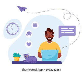 Black man working on laptop. Freelance, online studying, remote work concept. Vector illustration