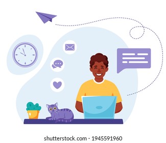 Black man working on laptop. Freelance, online studying, remote work concept. Vector illustration