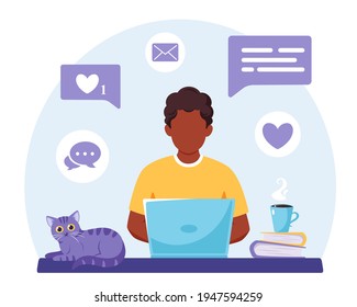 Black man working on laptop. Freelance, online studying, remote work concept. Vector illustration