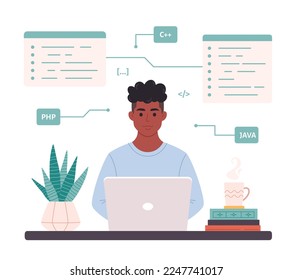 Black man working on laptop. IT developer. Programming code. Freelance, remote working, programming. Vector illustration in flat style