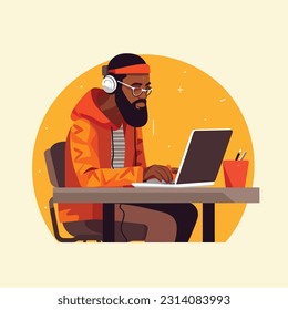 Black Man working on laptop listening song illustration