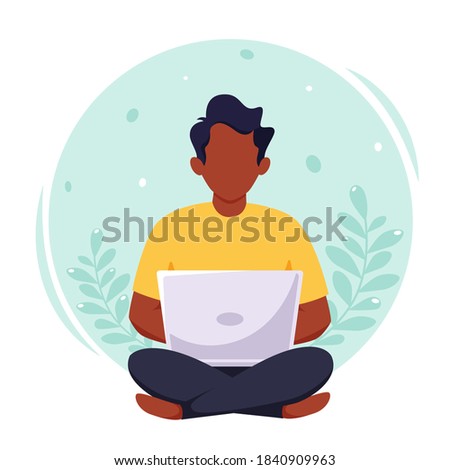 Black man working on laptop. Freelance, remote working, online studying, work from home concept. Vector illustration in flat style.