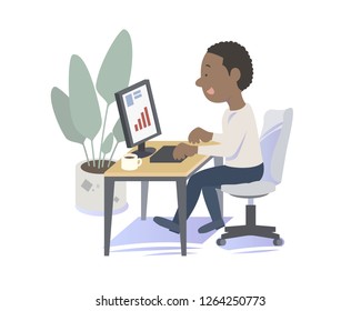 Black man working on the personal computer. Modern office.Vector Illustration. Casual wear.