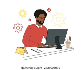 A black man working at a table with a computer in home clothes, with a cactus and a cat. Vector illustration in flat cartoon style