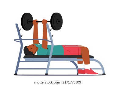 Black Man Workout with Barbell Lying on Bench. Sportsman Powerlifter Male Character in Sportswear Exercising with Weight. Bodybuilding Exercises, Sport Activity. Cartoon People Vector Illustration