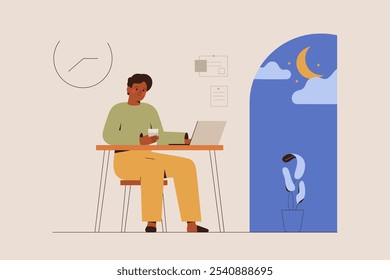 Black Man works at night and drinks coffee. Time difference in global teams. Busy businessman has international remote projects. Gamer playing on the laptop. Vector illustration