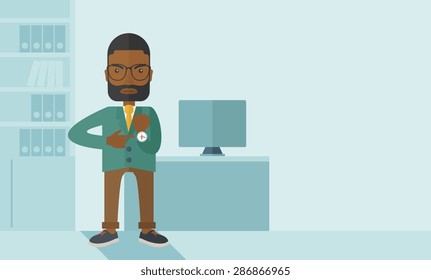 The black manager is angry pointing finger to his wristwatch showing the time that is already late for the employees to arrive. Late concept. A contemporary style with pastel palette soft blue tinted