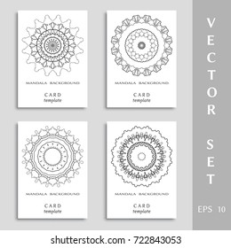 Black mandala art, geometric doodle round ornament. Greeting cards or invitations set. Eid mubarak ramadan celebration template. Isolated design elements for logo, icon, emblem