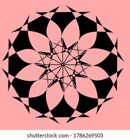 
black mandala flower with ninety two petals and nine matching circles with black outer circle form a small prism and a circle in the form of a transparent colored flower