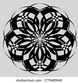 
black mandala flower with ten petals with four layers of circles