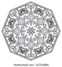 Black Mandala geometric round ornament, tribal ethnic arabic Indian motif, eight pointed circular abstract floral pattern. Hand drawn decorative vector design element 