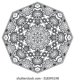 Black Mandala geometric round ornament, tribal ethnic arabic Indian motif, eight pointed circular abstract floral pattern. Hand drawn decorative vector design element 