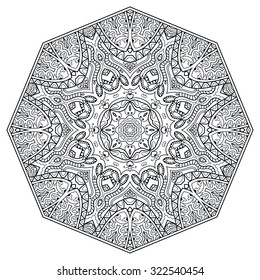 Black Mandala geometric round ornament, tribal ethnic arabic Indian motif, eight pointed circular abstract floral pattern. Hand drawn decorative vector design element 