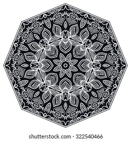 Black Mandala geometric round ornament, tribal ethnic arabic Indian motif, eight pointed circular abstract floral pattern. Hand drawn decorative vector design element 