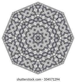 Black Mandala geometric round ornament, tribal ethnic arabic Indian motif, eight pointed circular abstract floral pattern. Hand drawn decorative vector design element 