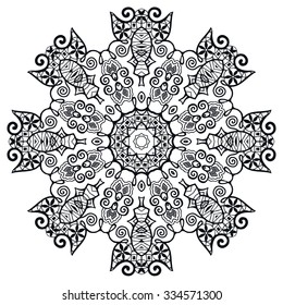 Black Mandala geometric round ornament, tribal ethnic arabic Indian motif, eight pointed circular abstract floral pattern. Hand drawn decorative vector design element 
