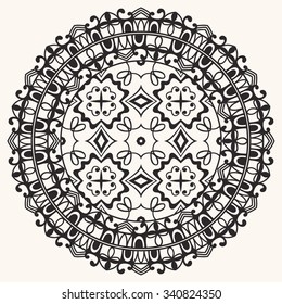 Black Mandala geometric round ornament, tribal ethnic arabic Indian motif, eight pointed circular abstract floral pattern. Hand drawn decorative vector design element 