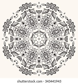 Black Mandala geometric round ornament, tribal ethnic arabic Indian motif, eight pointed circular abstract floral pattern. Hand drawn decorative vector design element 