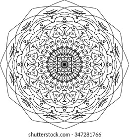 Black Mandala geometric round ornament, tribal ethnic arabic Indian motif, eight pointed circular abstract floral pattern. Hand drawn decorative vector design element
