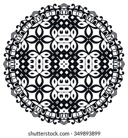 Black Mandala geometric round ornament, tribal ethnic arabic Indian motif, eight pointed circular abstract floral pattern. Hand drawn decorative vector design element isolated on white background