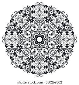 Black Mandala geometric round ornament, tribal ethnic arabic Indian motif, eight pointed circular abstract floral pattern. Hand drawn decorative vector design element 