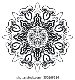 Black Mandala geometric round ornament, tribal ethnic arabic Indian motif, eight pointed circular abstract floral pattern. Hand drawn decorative vector design element 