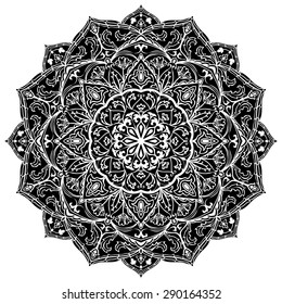 Black mandala isolated on white background. Ethnic circular pattern. Silhouette of traditional ornament.