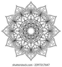 Black mandala lines on a white background for coloring.