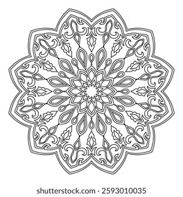 Black mandala lines, vintage pattern for coloring.