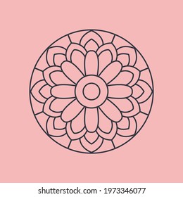 Black mandala on pink background. Decorative background with ornamental round pattern. Element for design in indian style. Simple vector mandala. Mandala in floral style. Vector illustration.
