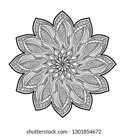 Black mandala on white background. Hand drawn vector illustration