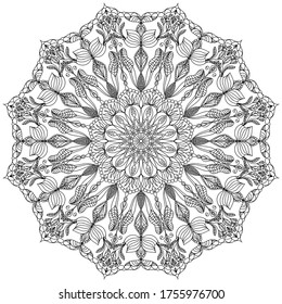 Black mandala on a white background. Linear vector pattern as a design element. Template for tattooing, henna drawing, coloring. Oriental ornament for placing on fabric, glass, paper.