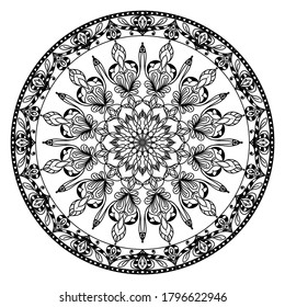 Mandala negra de fondo blanco. Ornamento étnico para colorear. Patrón vectorial en tela, vidrio, madera, papel. Plantilla para tatuajes, patrón de henna. Símbolo de sabiduría e integridad espiritual.