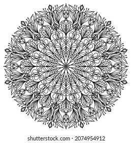 Black mandala on a white background. Flower vector pattern. Template for tattooing, henna drawing, coloring. Oriental ornament for placement on fabric, glass, paper. An element of psychological relief