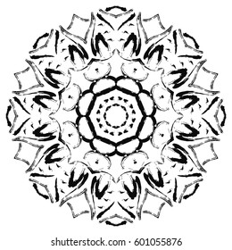 Black mandala on white background. Vector ornament painted with grunge brushes