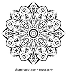 Black mandala on white background. Vector ornament painted with grunge brushes