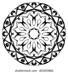 Black mandala on white background. Vector ornament painted with grunge brushes