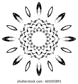 Black mandala on white background. Vector ornament painted with grunge brushes