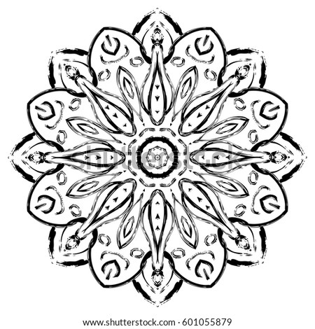 Black mandala on white background. Vector ornament painted with grunge brushes