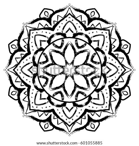 Black mandala on white background. Vector ornament painted with grunge brushes