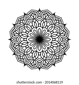 Black mandala pattern art for coloring page, invitation card, book cover, ornamental design on white background