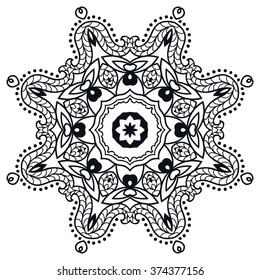 Black Mandala round ornament decorative isolated element, geometric floral circular pattern. Tribal ethnic Arabic Indian motif. Hand drawn fantasy abstract background