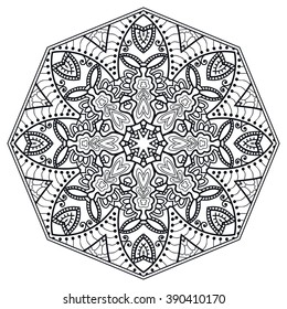 Black Mandala round ornament decorative isolated element, geometric floral circular pattern. Tribal ethnic Arabic Indian motif. Hand drawn fantasy abstract background