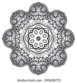 Black Mandala round ornament decorative isolated element, geometric floral circular pattern. Tribal ethnic Arabic Indian motif. Hand drawn fantasy abstract background
