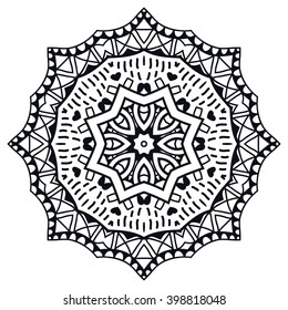 Black Mandala round ornament decorative isolated element, geometric floral circular pattern. Tribal ethnic Arabic Indian motif. Hand drawn fantasy abstract background