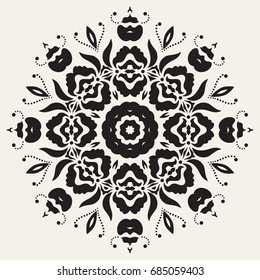 Black mandala round ornament. Decorative geometric floral pattern, monochrome decoration. Isolated design element. Hand drawn doodle art. Tribal ethnic arabic, indian motif