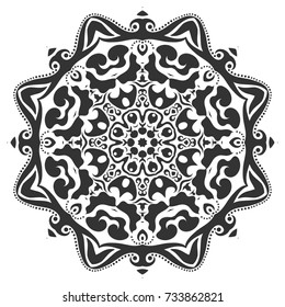 Black mandala round ornament on a white background. Decorative geometric floral pattern, monochrome decoration. Isolated design element. Hand drawn doodle art. Tribal ethnic arabic, indian motif